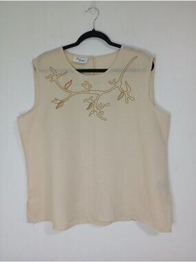 Ann Gerlin Womens Beige Linen Sleeveless Top Embroidered Branch Design Size 18W